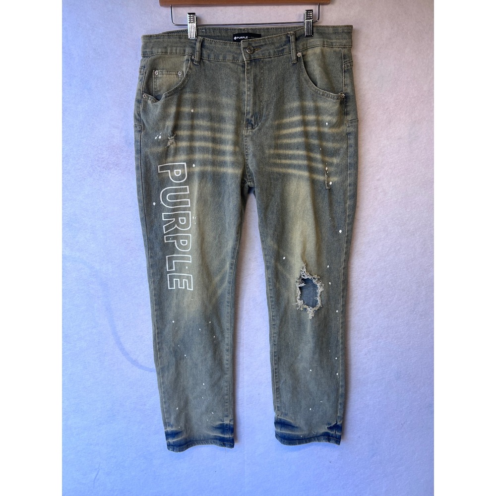 Purple Brand P001 Slim Fit Low Rise Distressed Paint Splatter Jeans Mens XL